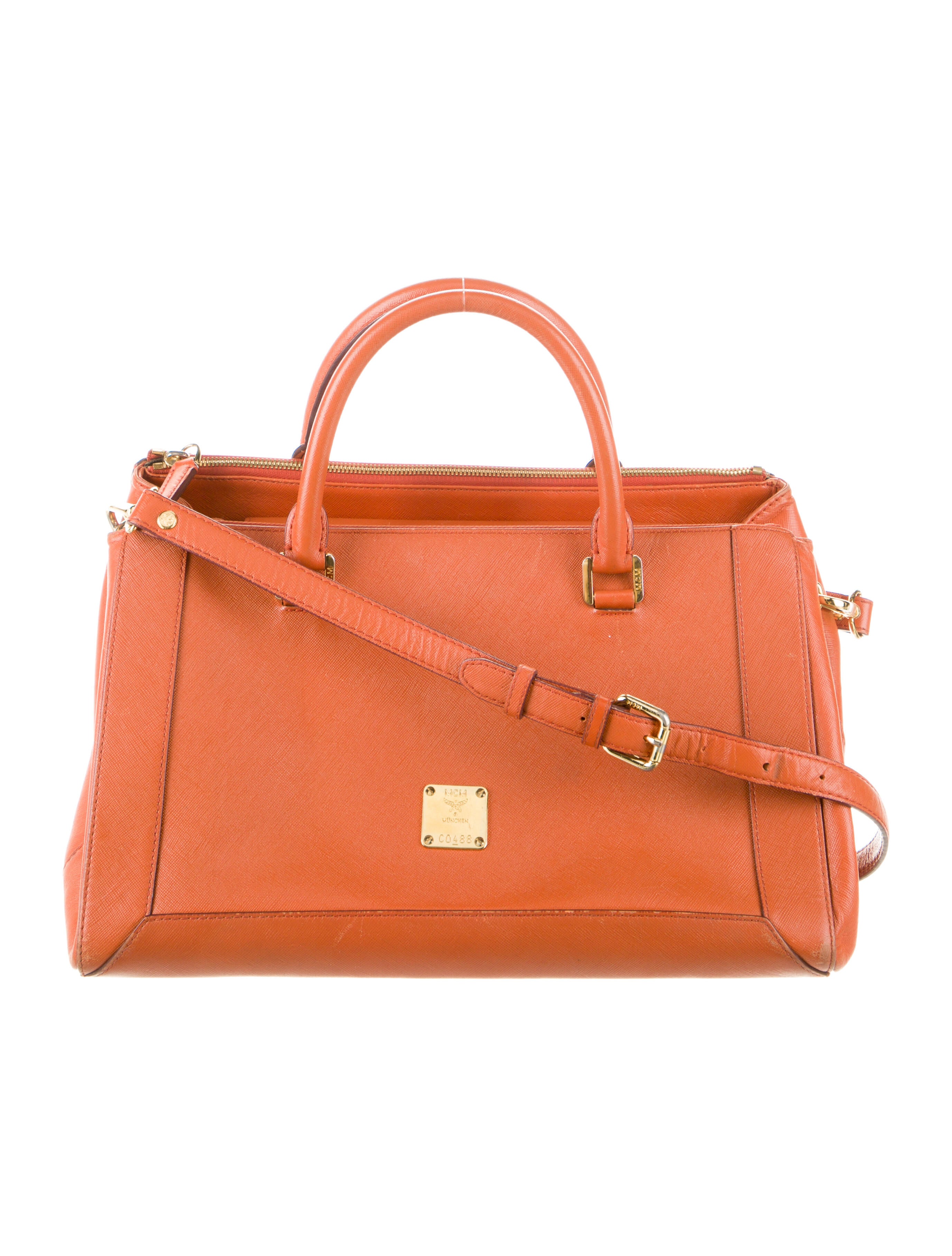 MCM Grained Leather Handle Bag Orange Handle Bags, Handbags