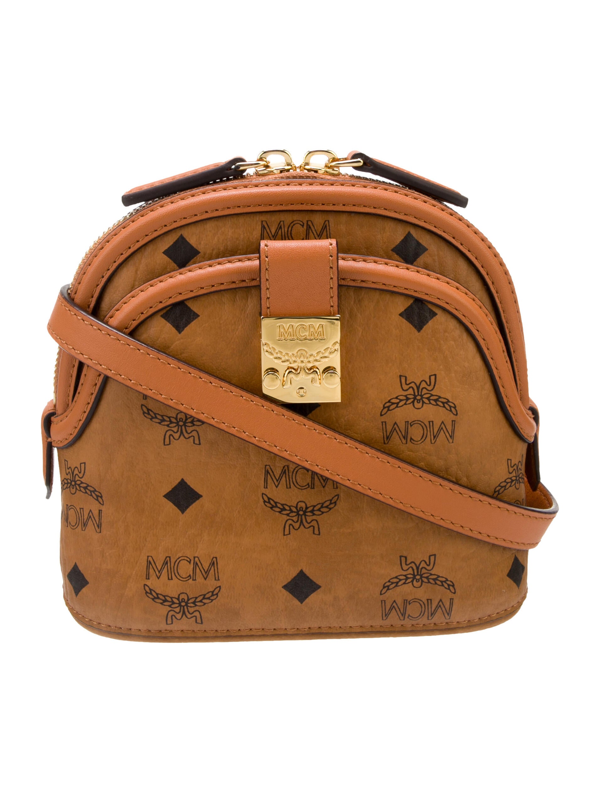MCM Mini Anna Visetos Canvas Crossbody Bag Brown Crossbody Bags