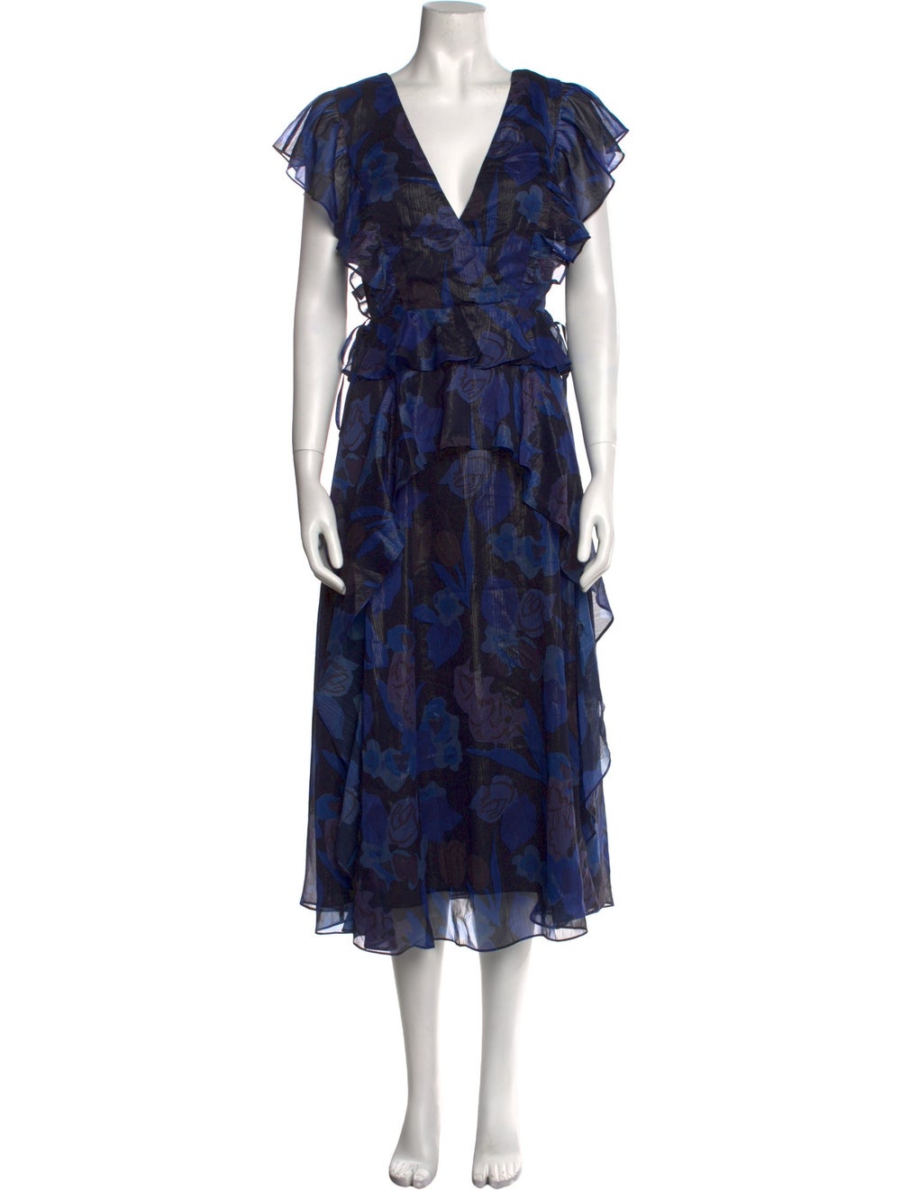 Ted Baker A-Line Dress Black Blue Floral Print Ruffle, Raw-Edge