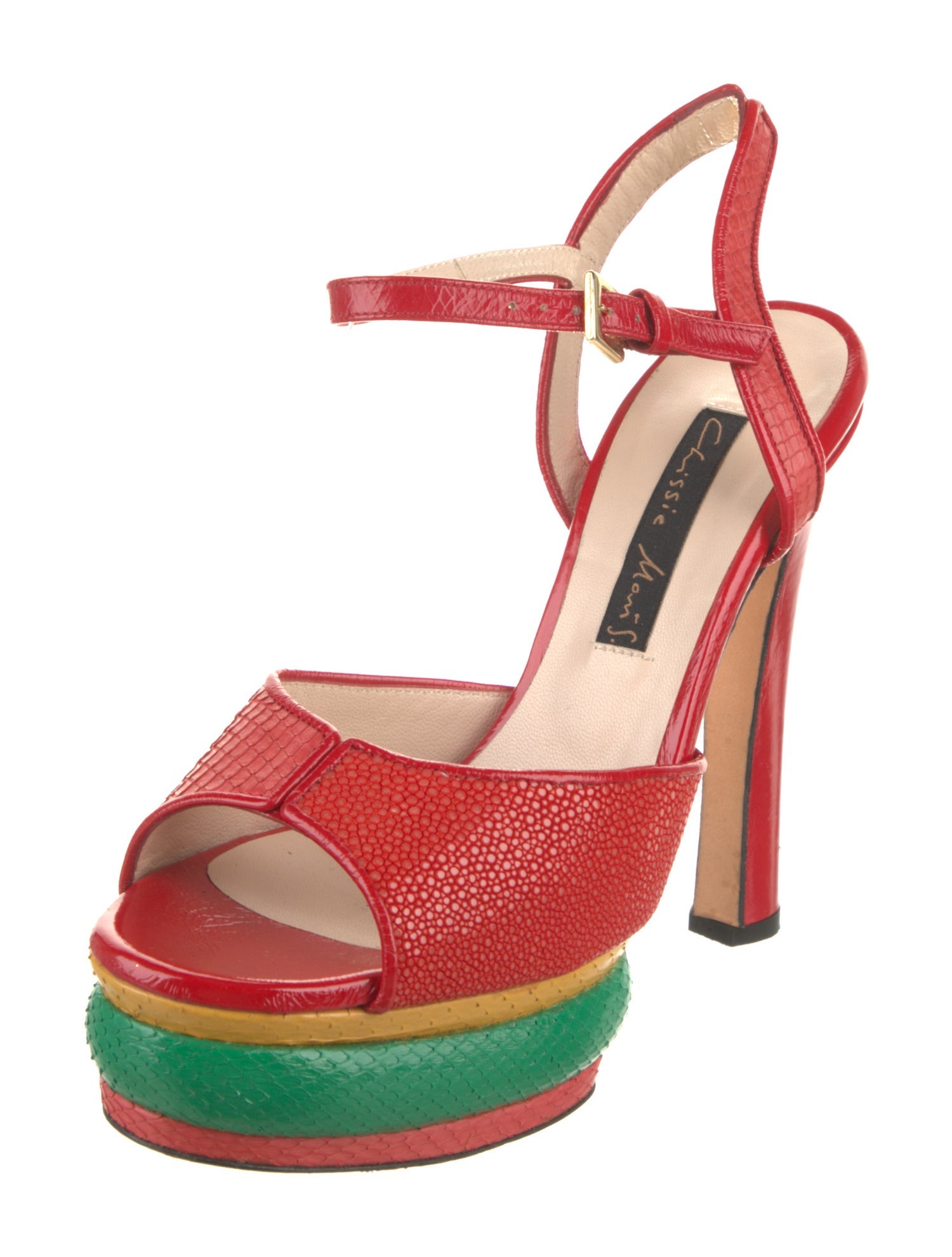 Chrissie Morris Leather Colorblock Pattern Slingback Sandals