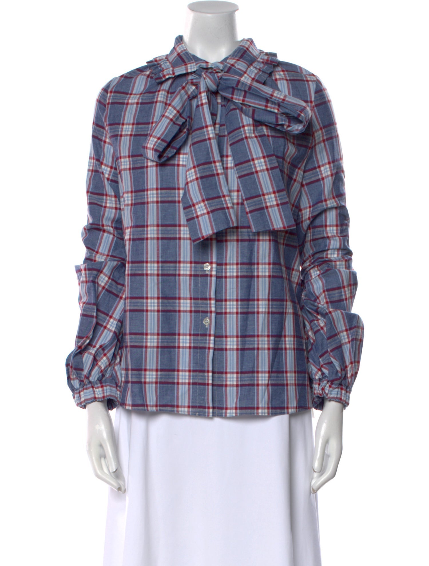 Stella Jean Plaid Print Tie Neck Button-Up Top