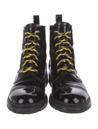 The Office of Angela Scott Patent Leather Lasercut Accents Combat Boots