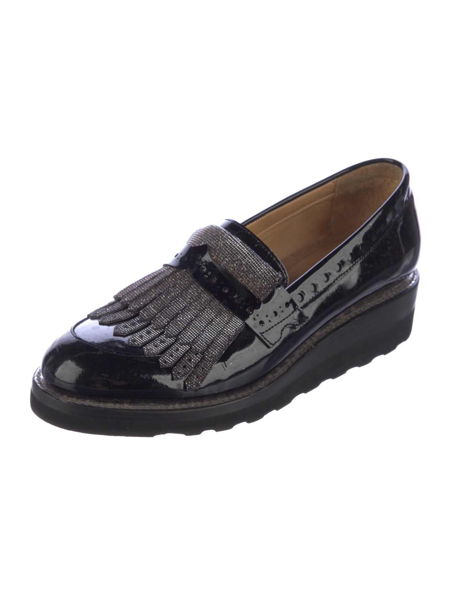 The Office of Angela Scott Patent Leather Fringe Trim Accent Loafers