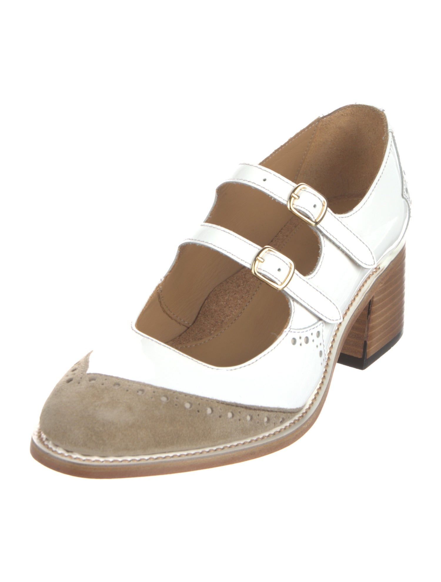 The Office of Angela Scott Patent Leather Lasercut Accents T-Strap Pumps