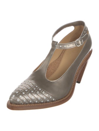 The Office of Angela Scott Leather Lasercut Accents T-Strap Pumps