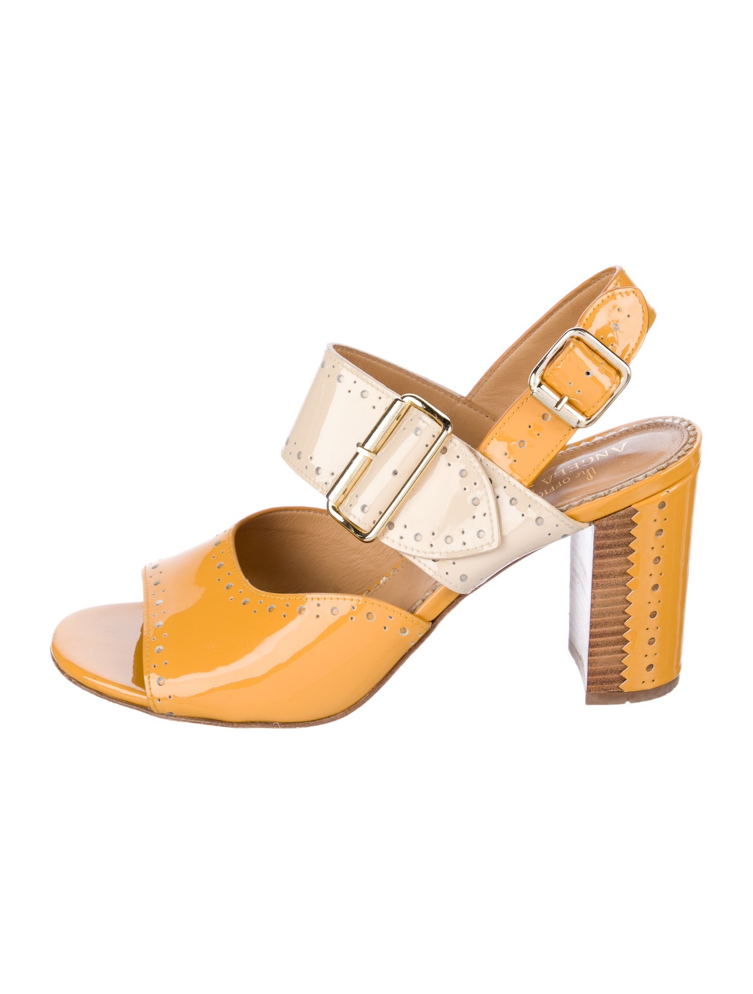 The Office of Angela Scott Patent Leather Lasercut Accents Slingback Sandals