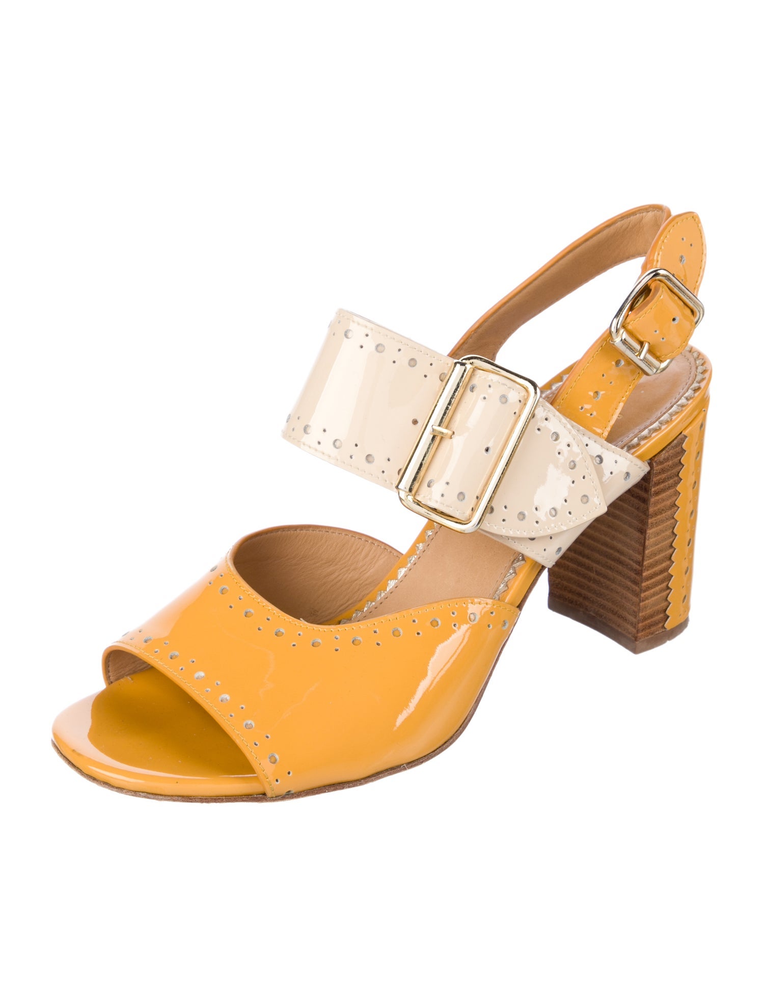 The Office of Angela Scott Patent Leather Lasercut Accents Slingback Sandals