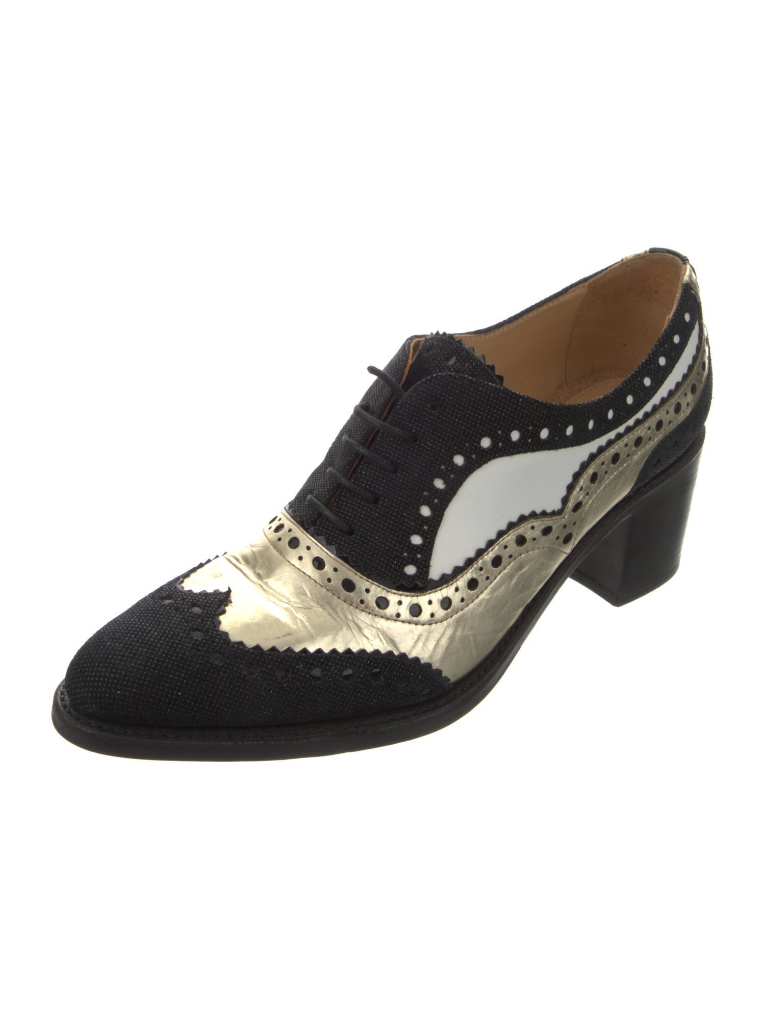 The Office of Angela Scott Colorblock Pattern Lasercut Accents Slingback Pumps