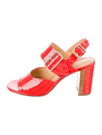 The Office of Angela Scott Patent Leather Leather Trim Embellishment Slingback Sandals