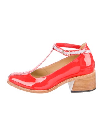 The Office of Angela Scott Patent Leather Colorblock Pattern T-Strap Pumps