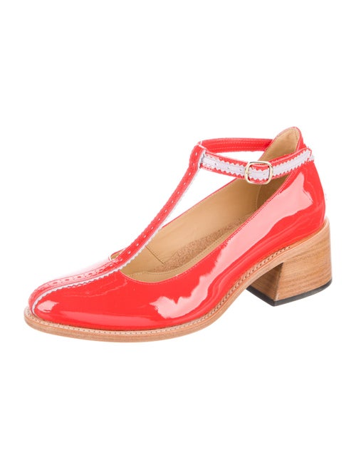 The Office of Angela Scott Patent Leather Colorblock Pattern T-Strap Pumps