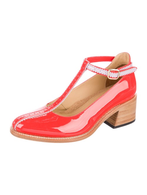 The Office of Angela Scott Patent Leather Leather Trim Embellishment T-Strap Pumps