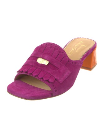 The Office of Angela Scott Suede Fringe Trim Accent Slides