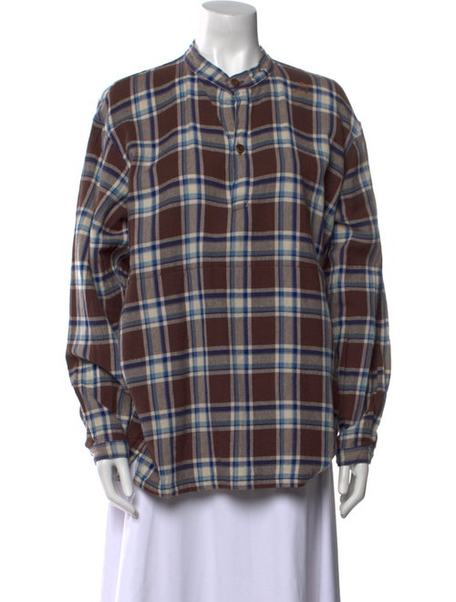 45R Plaid Print Crew Neck Button-Up Top