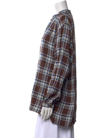 45R Plaid Print Crew Neck Button-Up Top