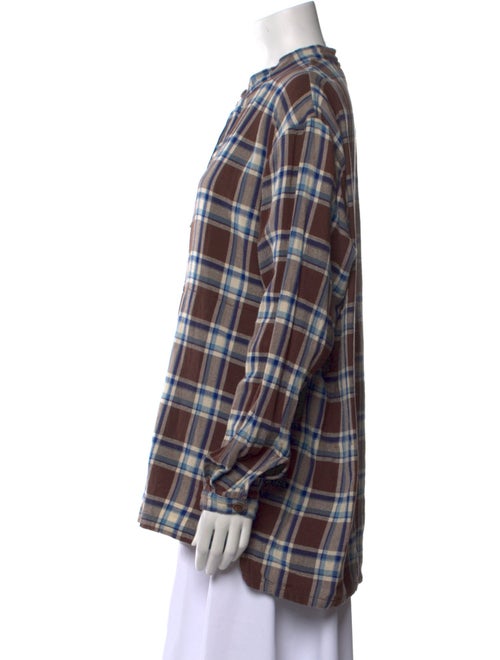 45R Plaid Print Crew Neck Button-Up Top