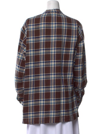 45R Plaid Print Crew Neck Button-Up Top