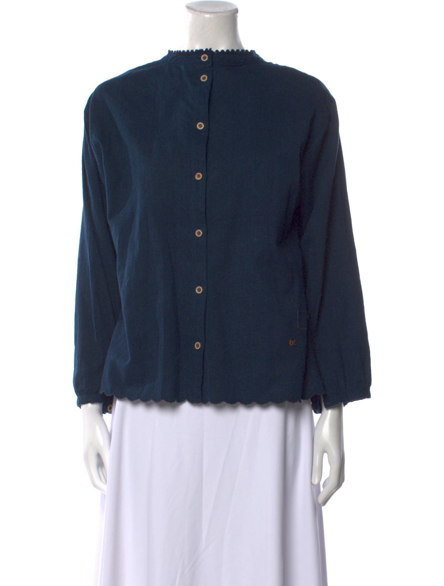 45R Mock Neck Three-Quarter Sleeve Button-Up Top