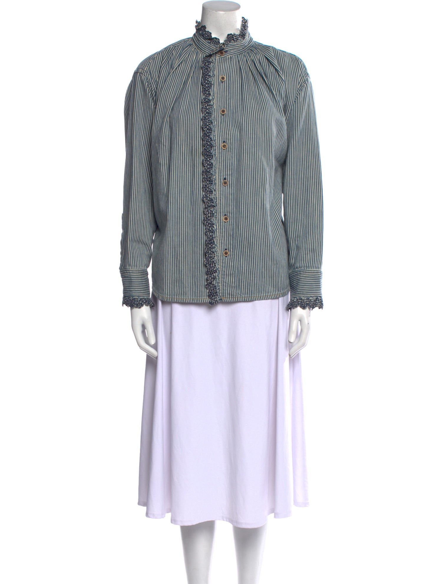 45R Striped Mock Neck Button-Up Top