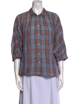 Masscob Plaid Print Three-Quarter Sleeve Button-Up Top