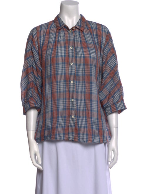 Masscob Plaid Print Three-Quarter Sleeve Button-Up Top
