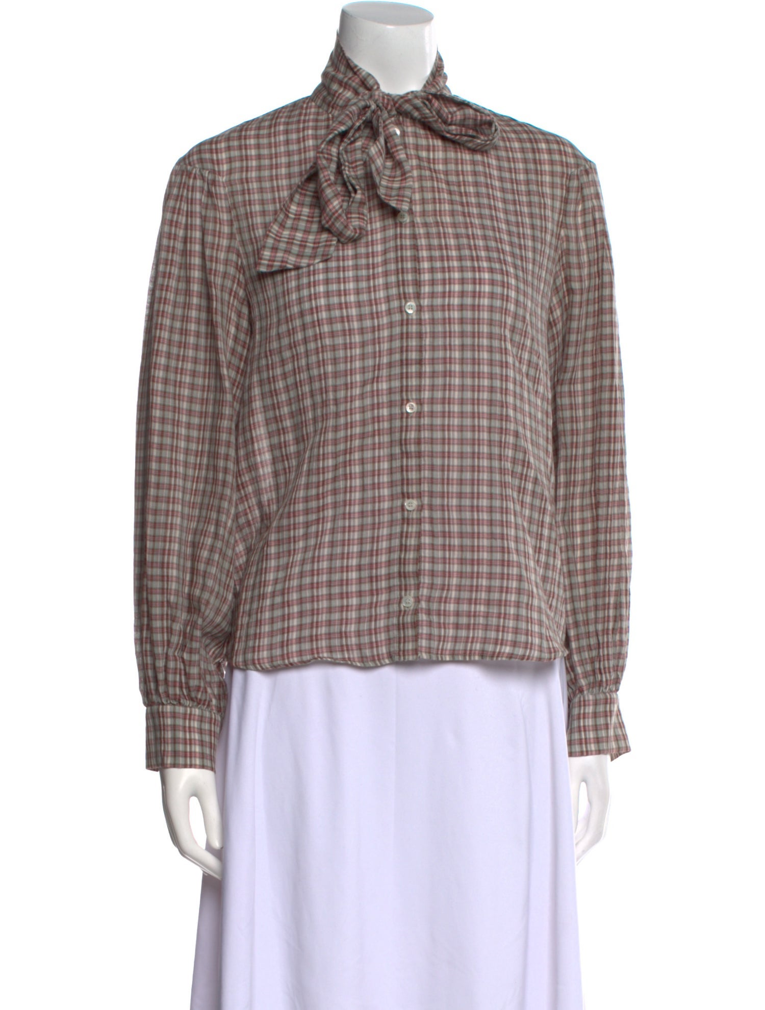 Masscob Plaid Print Tie Neck Button-Up Top