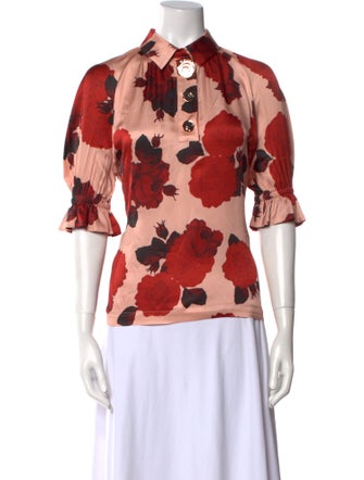 Mother of Pearl Floral Print Three-Quarter Sleeve Button-Up Top