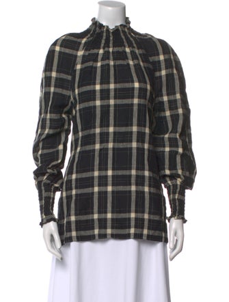 Bassike Linen Plaid Print Button-Up Top