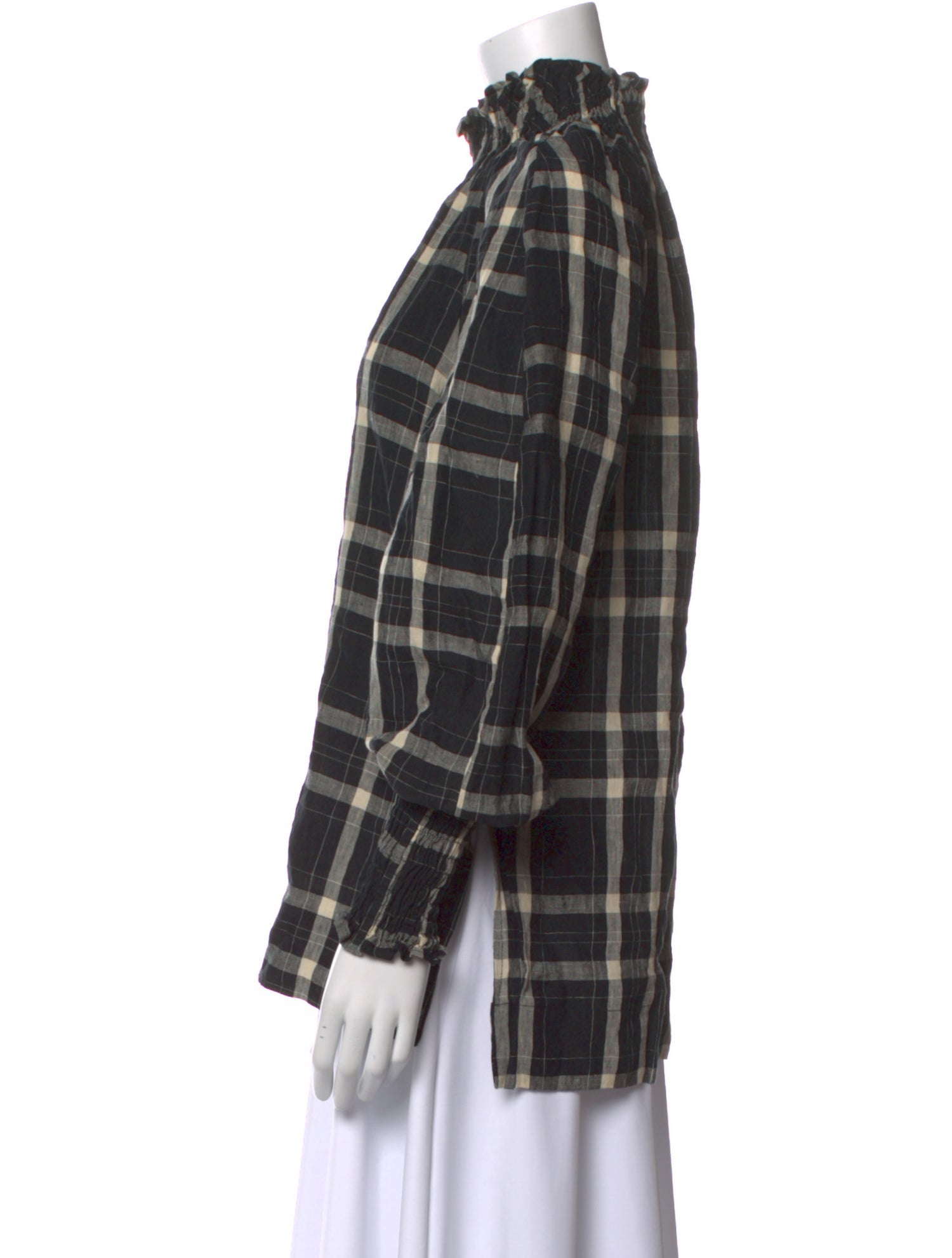 Bassike Linen Plaid Print Button-Up Top