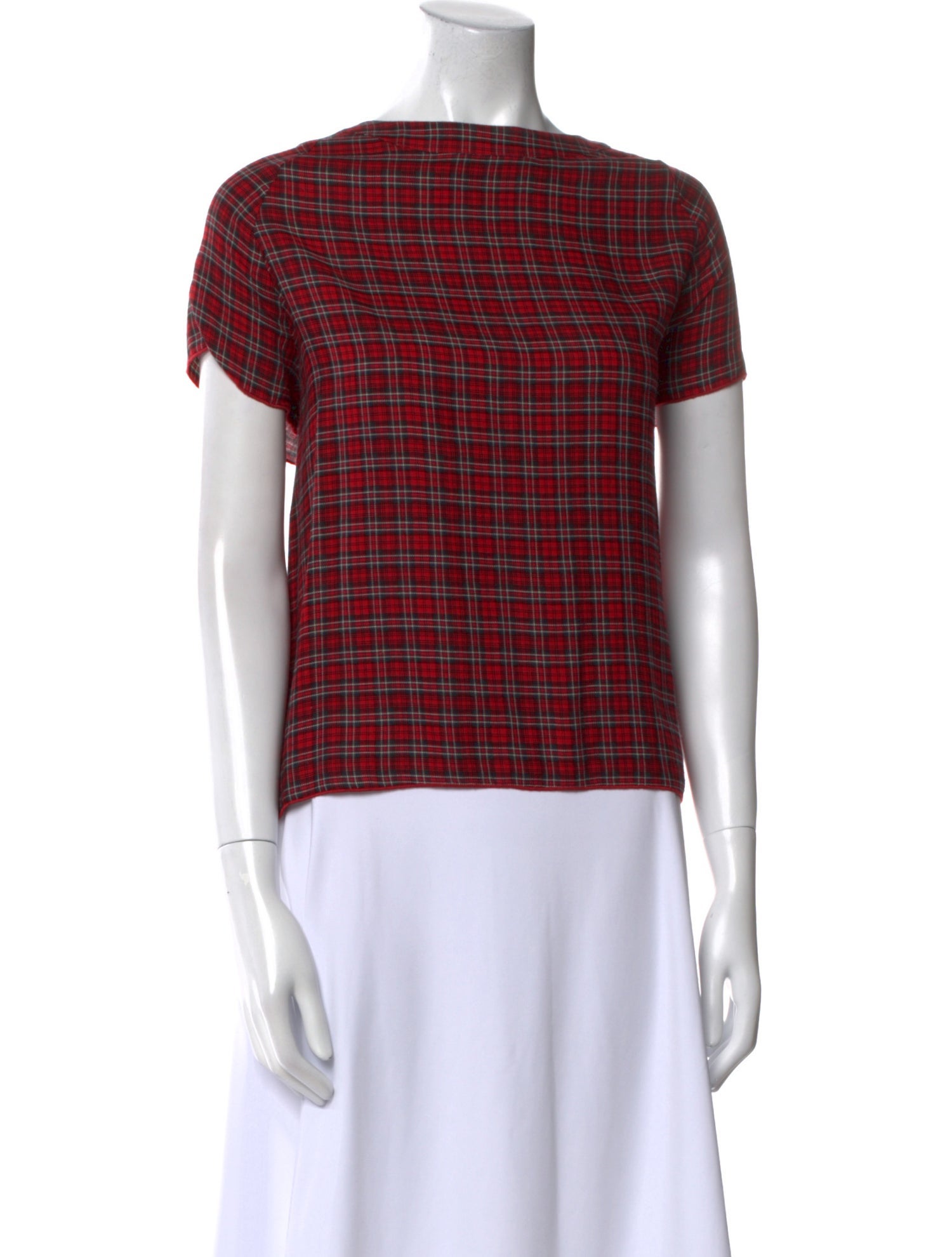 6397 Plaid Print Bateau Neckline Top