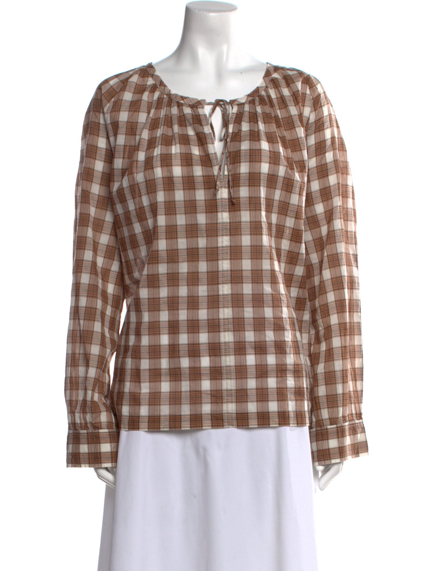 6397 Plaid Print Tie Neck Top