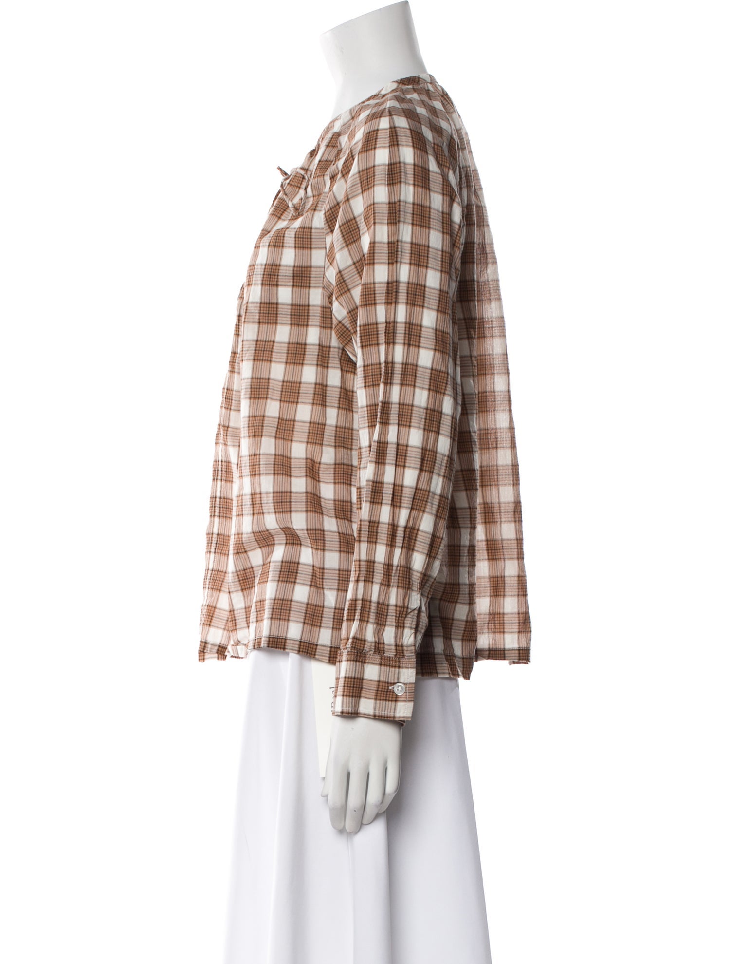 6397 Plaid Print Crew Neck Button-Up Top