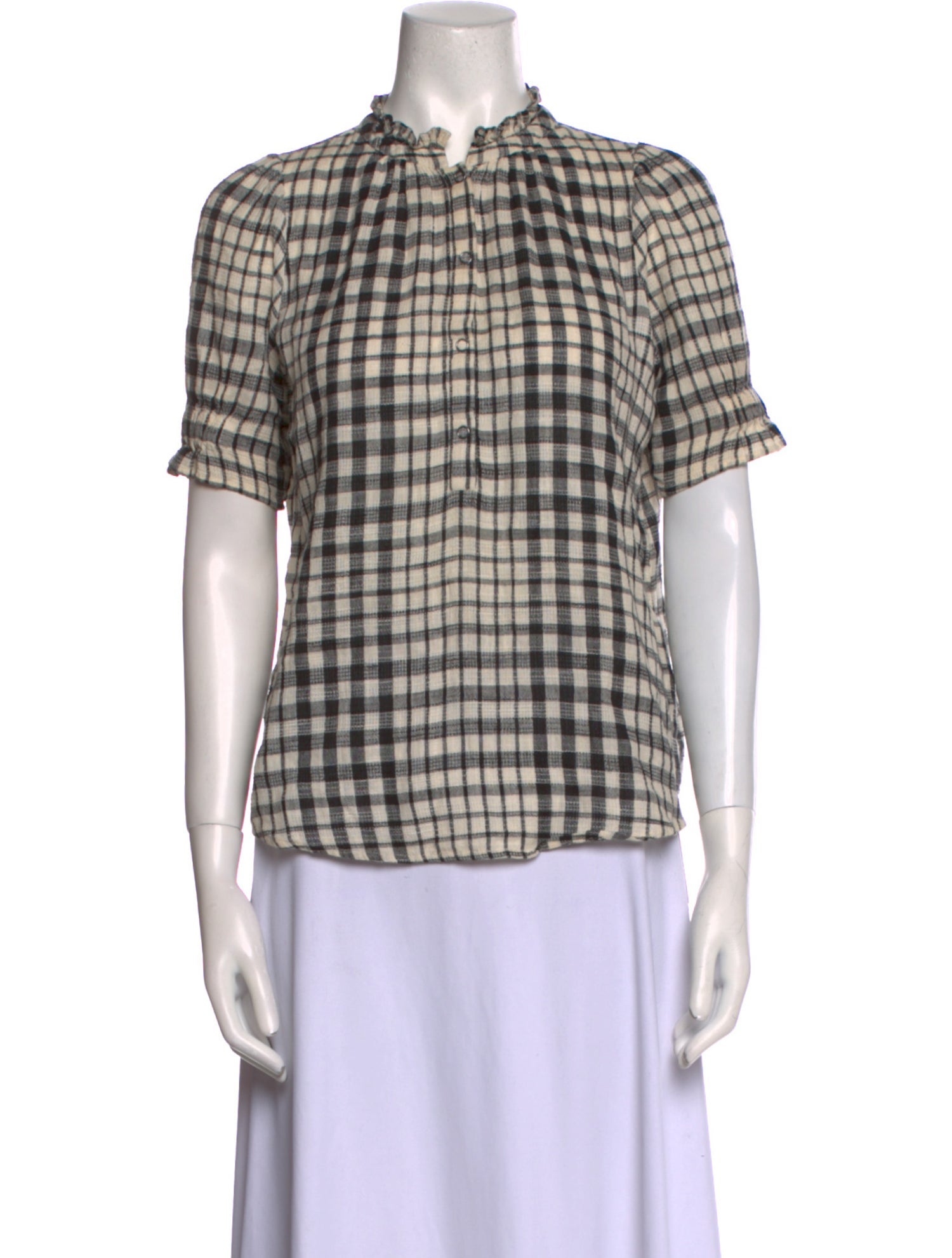 Apiece Apart Plaid Print Mock Neck Button-Up Top
