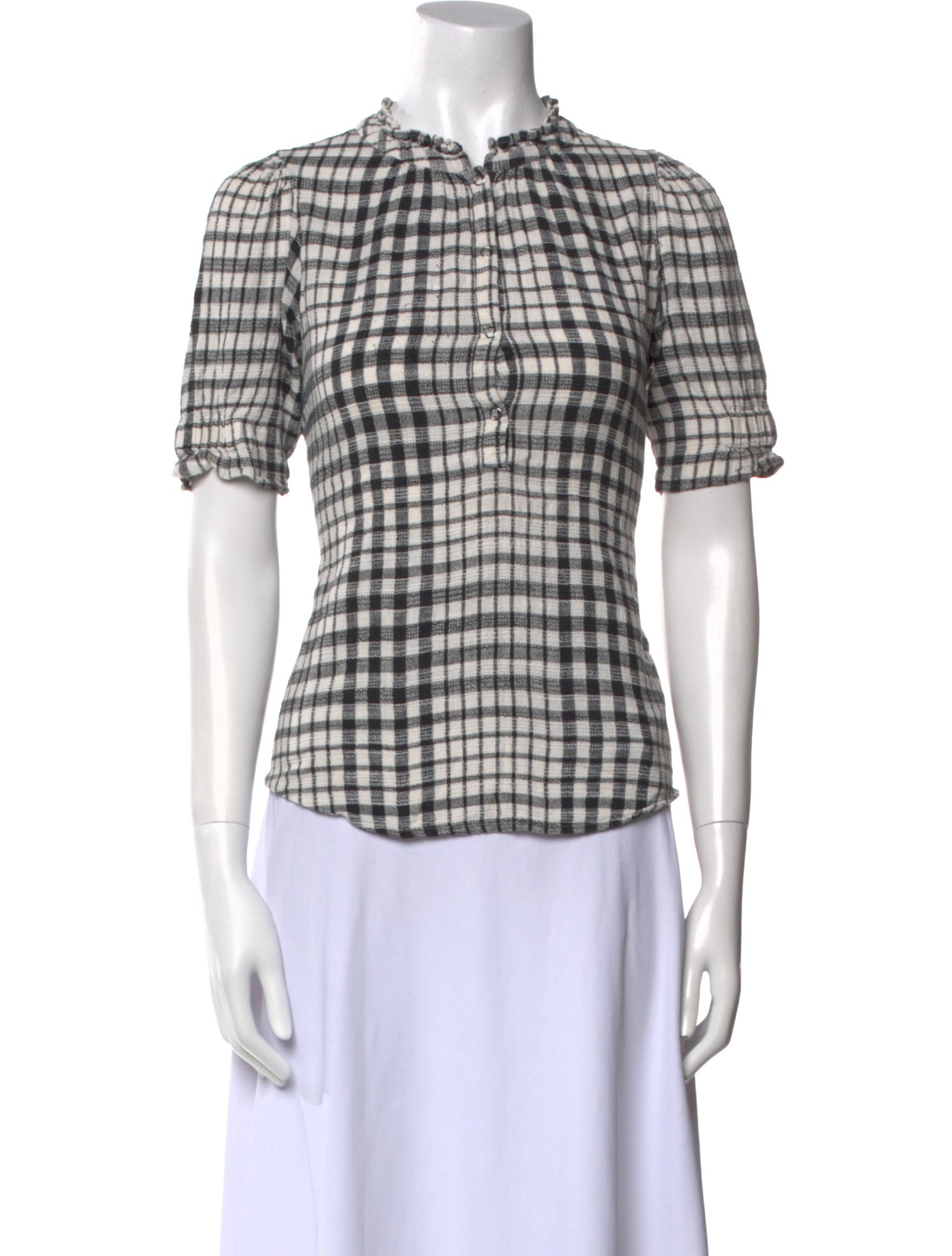 Apiece Apart Plaid Print Mock Neck Button-Up Top