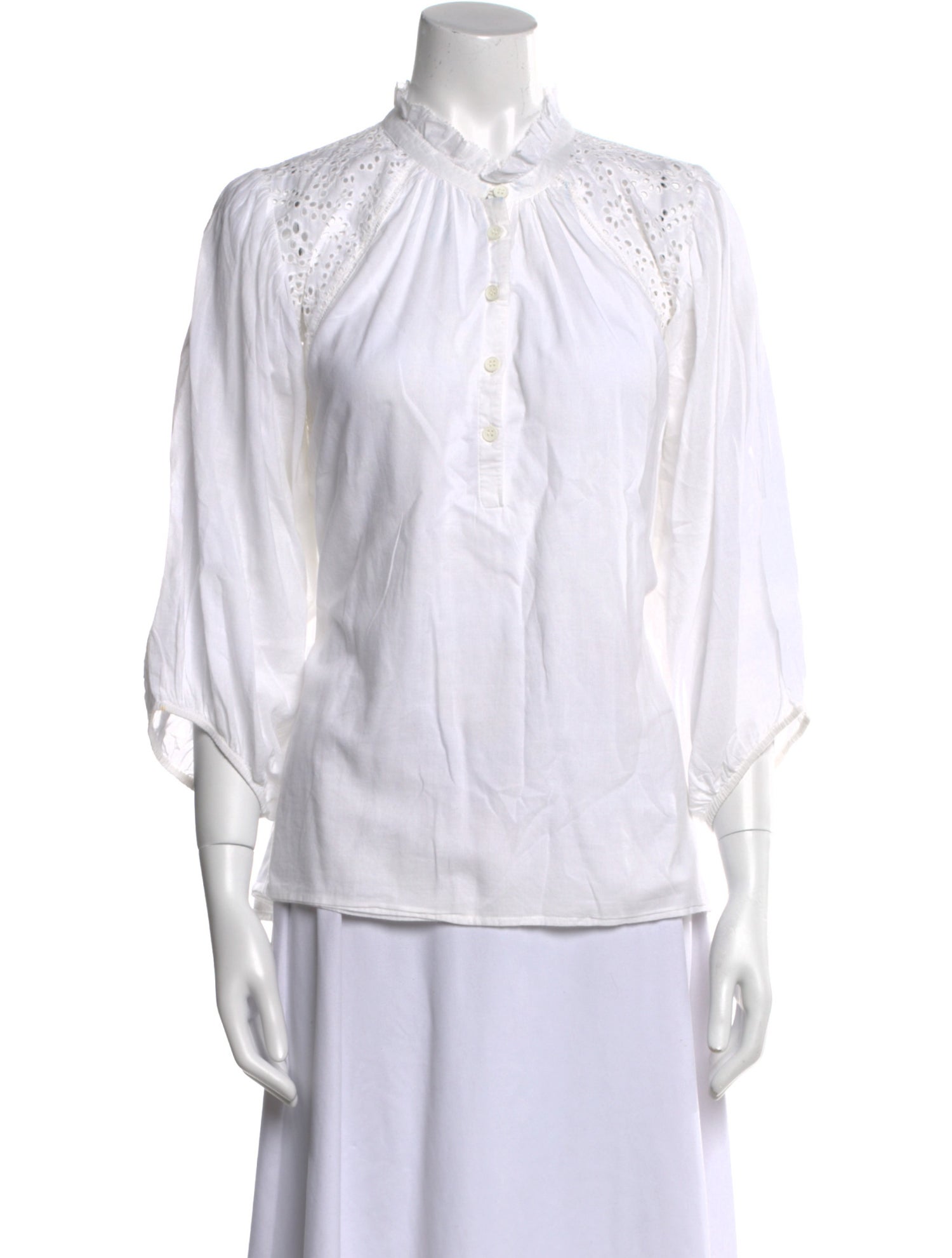 Apiece Apart Mock Neck Three-Quarter Sleeve Button-Up Top