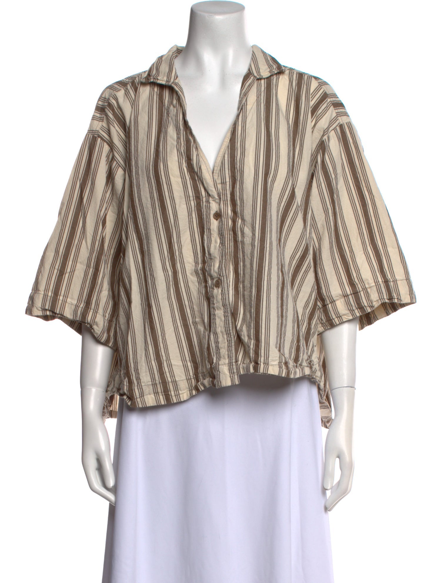 Apiece Apart Striped Three-Quarter Sleeve Button-Up Top