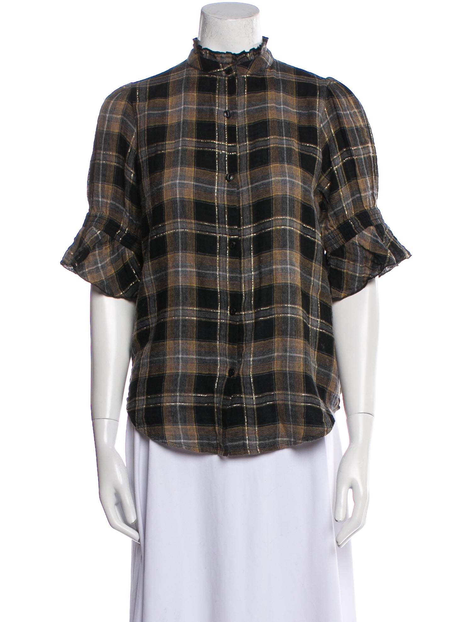 Apiece Apart Plaid Print Mock Neck Button-Up Top