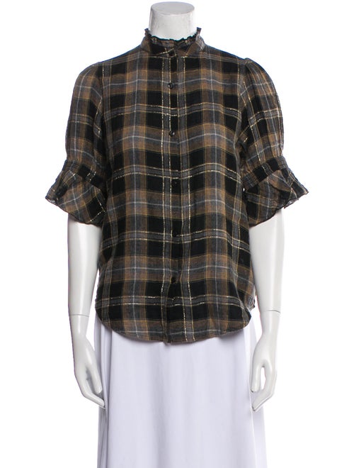 Apiece Apart Plaid Print Mock Neck Button-Up Top