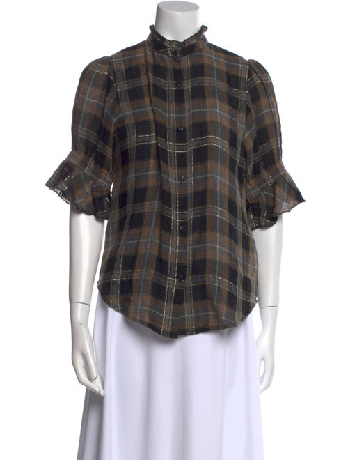 Apiece Apart Plaid Print Mock Neck Button-Up Top