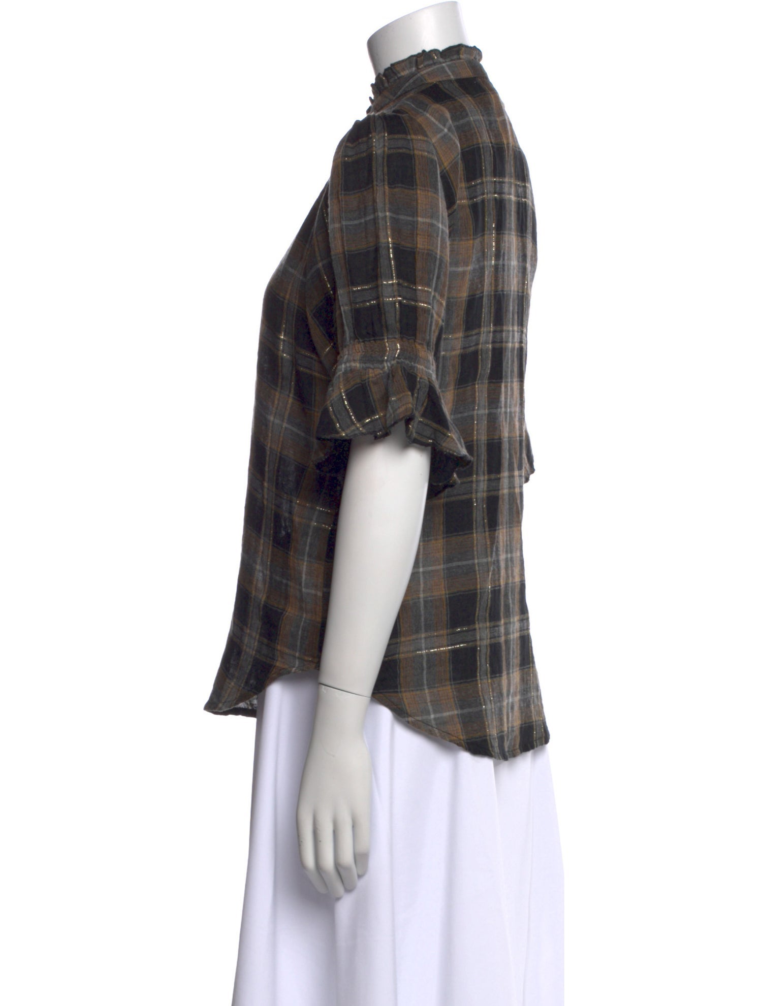 Apiece Apart Plaid Print Mock Neck Button-Up Top