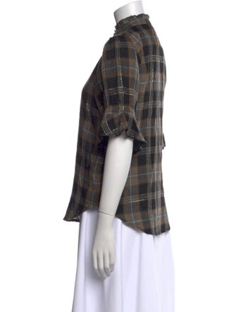 Apiece Apart Plaid Print Mock Neck Button-Up Top