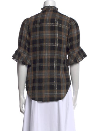 Apiece Apart Plaid Print Mock Neck Button-Up Top