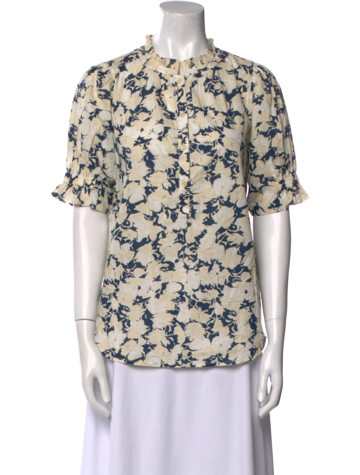 Apiece Apart Floral Print Mock Neck Button-Up Top