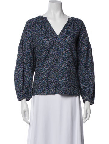 Pre-owned Apiece Apart Floral Print V-neck Blouse In Blue