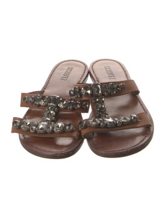 Schutz Leather Crystal Embellishments Slides