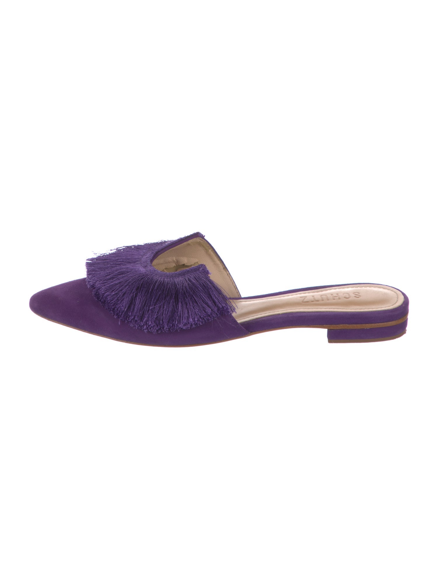 Schutz Suede Fringe Trim Accent Mules
