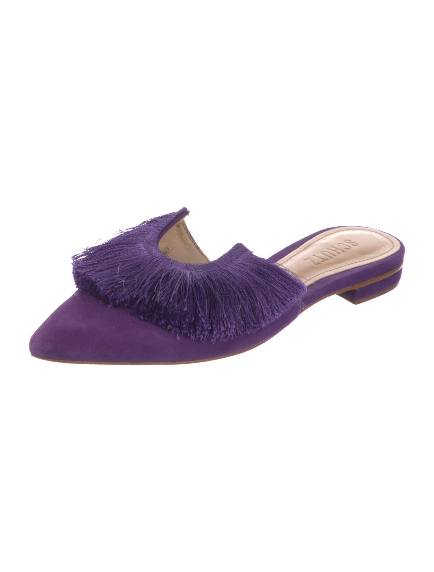Schutz Suede Fringe Trim Accent Mules