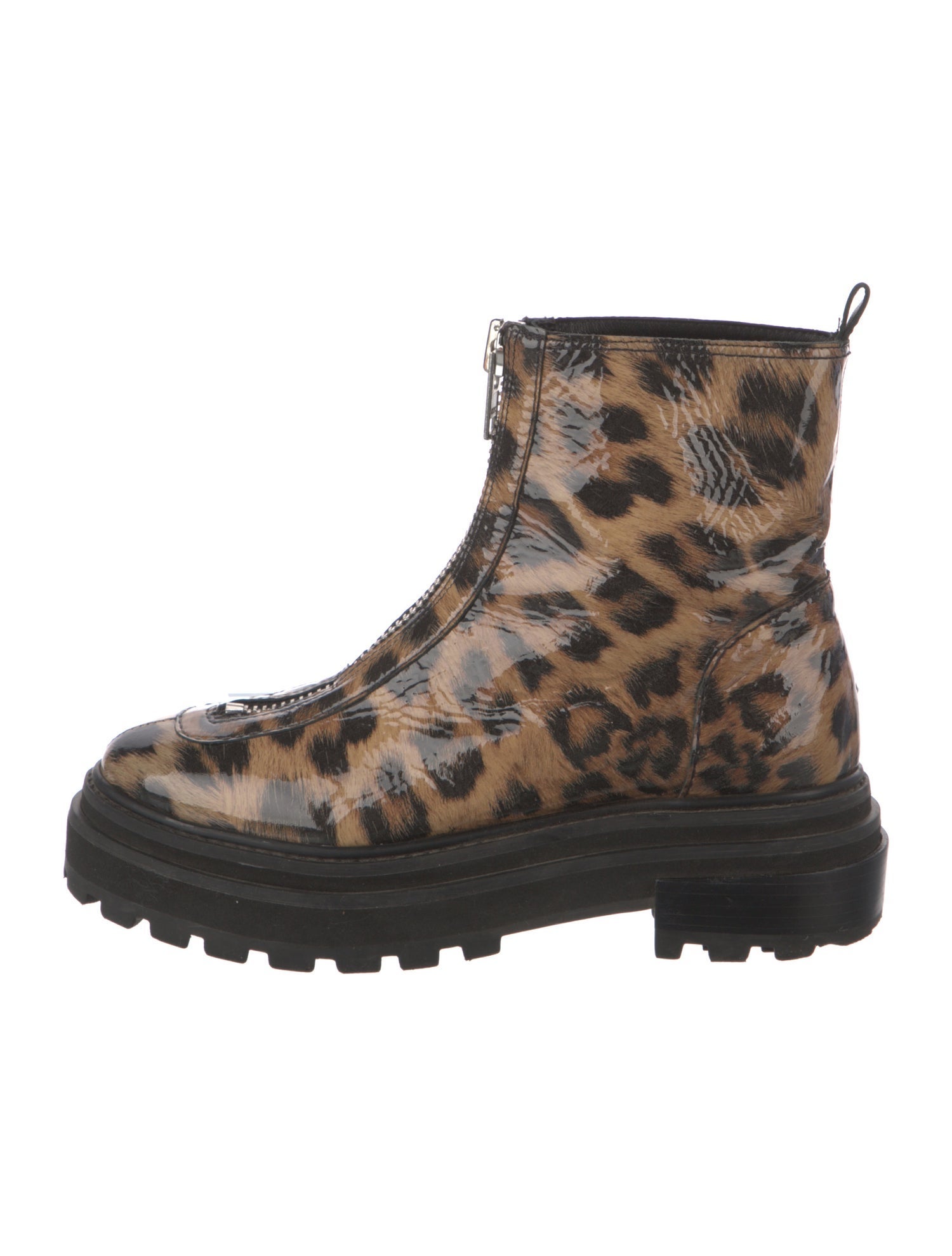 Schutz Patent Leather Animal Print Combat Boots