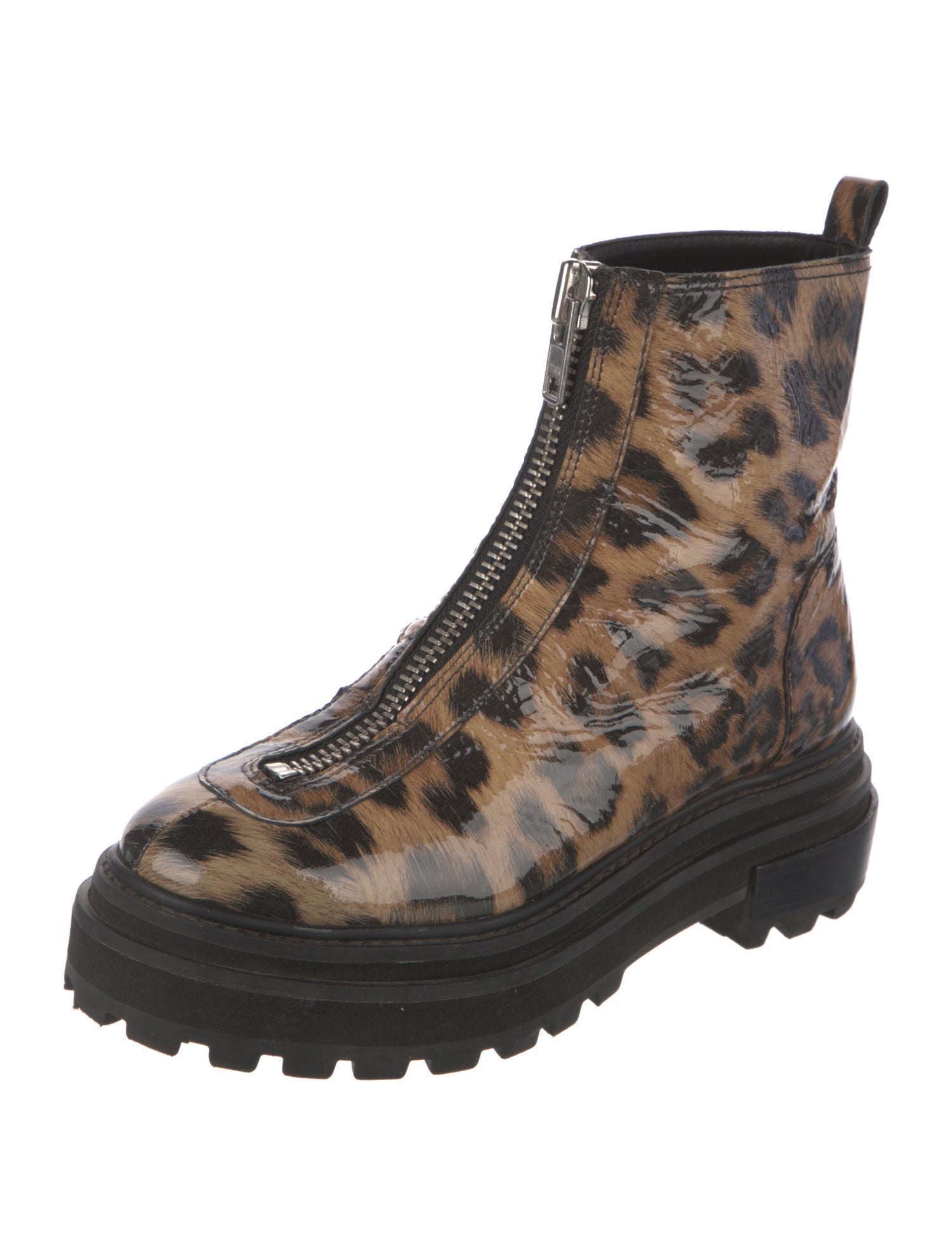 Schutz Patent Leather Animal Print Combat Boots