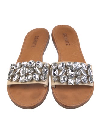 Schutz Leather Crystal Embellishments Slides